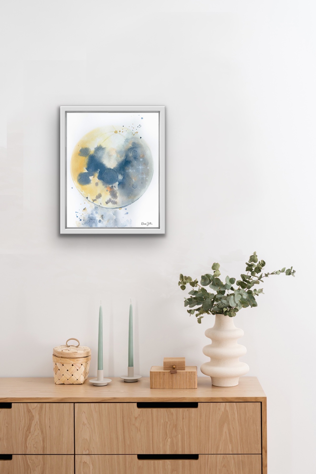 Vollmond Aquarell gerahmt